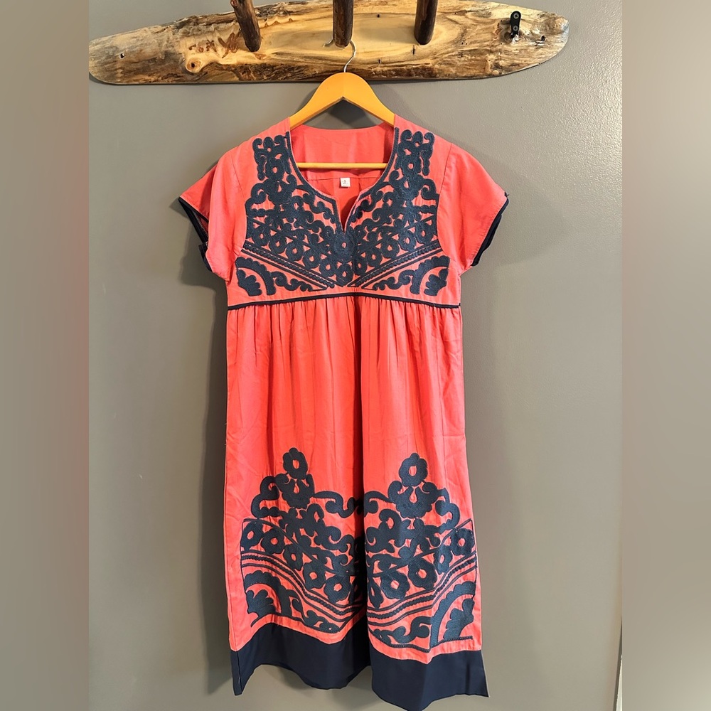 Fiesta Style Coral and Navy Midi Dress